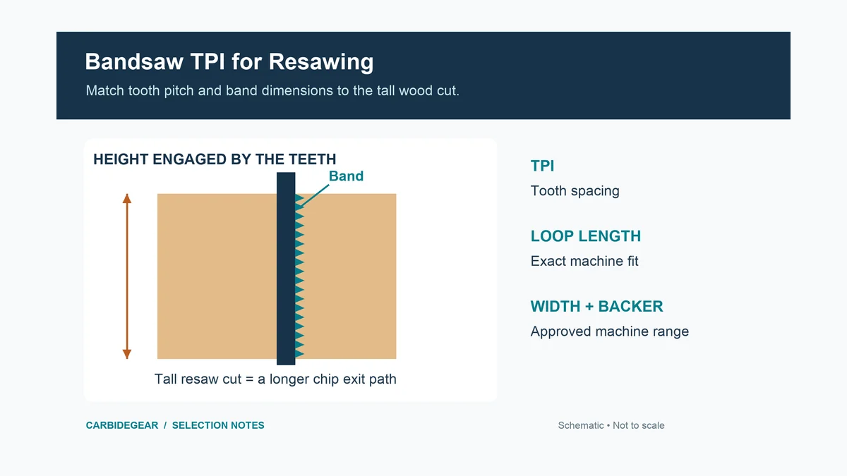 Bandsaw blade TPI for resawing wood: stock height, loop length, width, and backer checks.