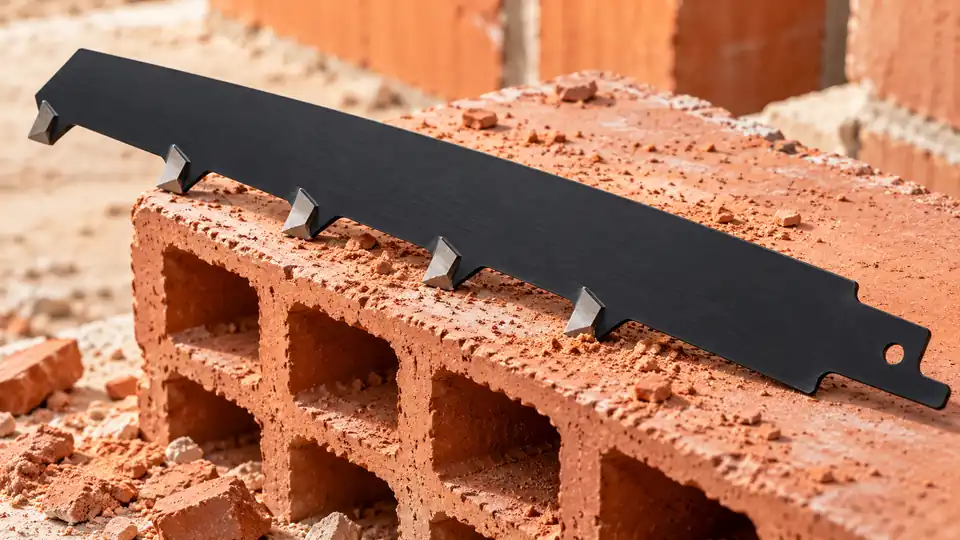 Carbide toothed reciprocating saw blade beside hollow clay brick