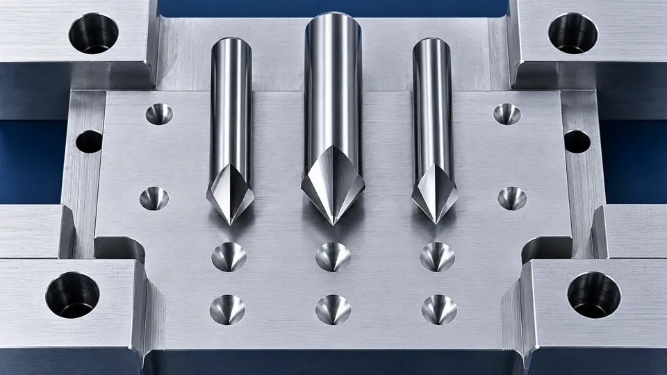 Solid carbide spotting drills beside conical hole starts in an aluminum fixture