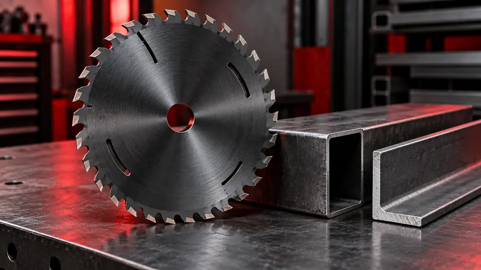 Carbide tipped steel cutting circular saw blade beside steel tubing