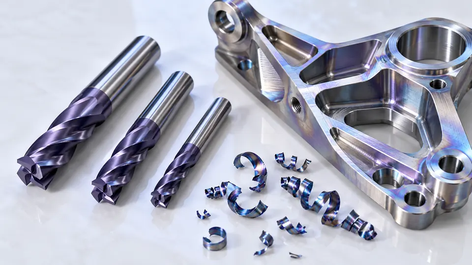 Coated carbide end mills beside a machined titanium component