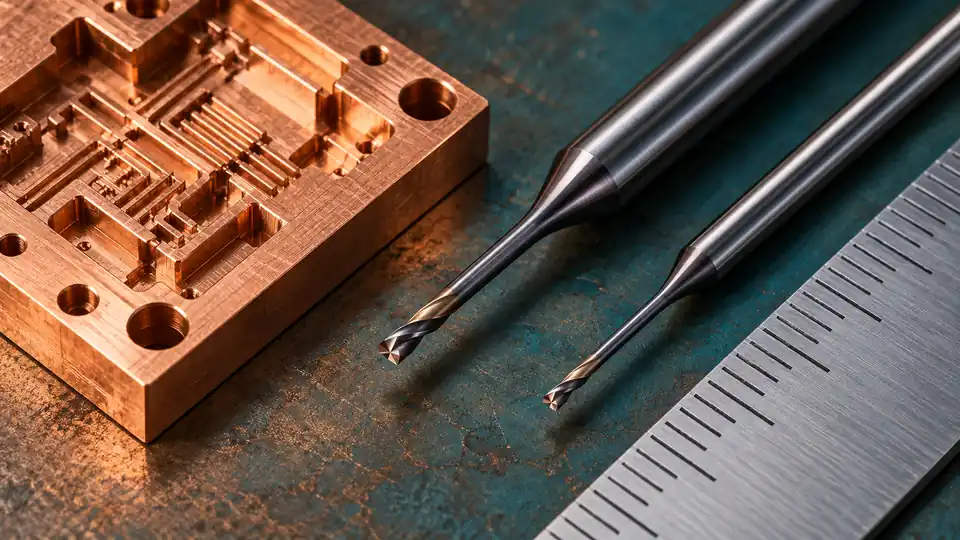 Micro carbide end mills with fine cutting tips beside a precision machined fixture