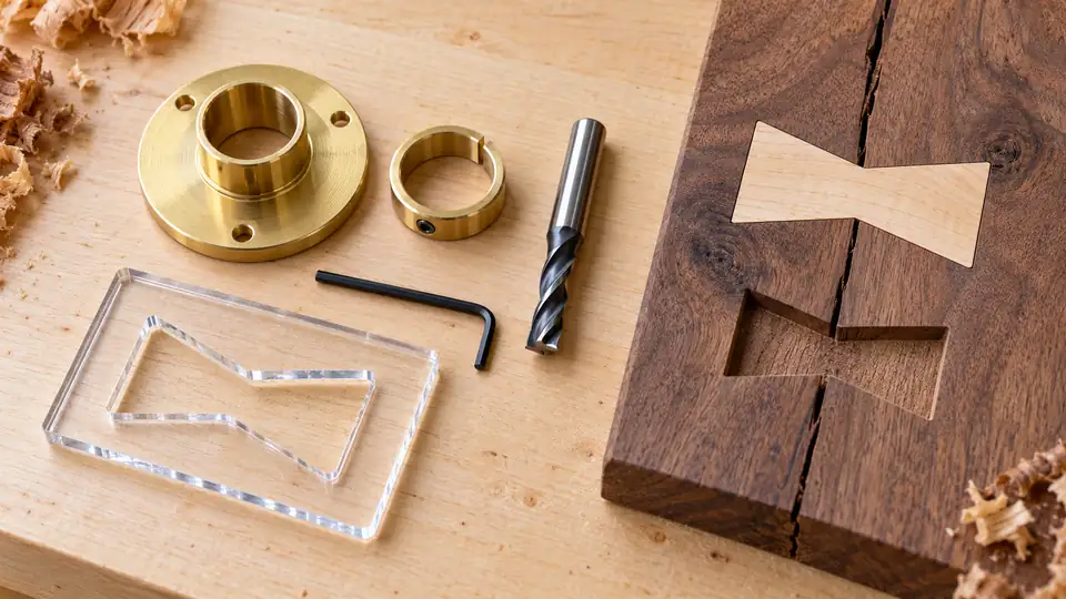 Router inlay kit with brass guide bushing spiral bit and wooden inlay template