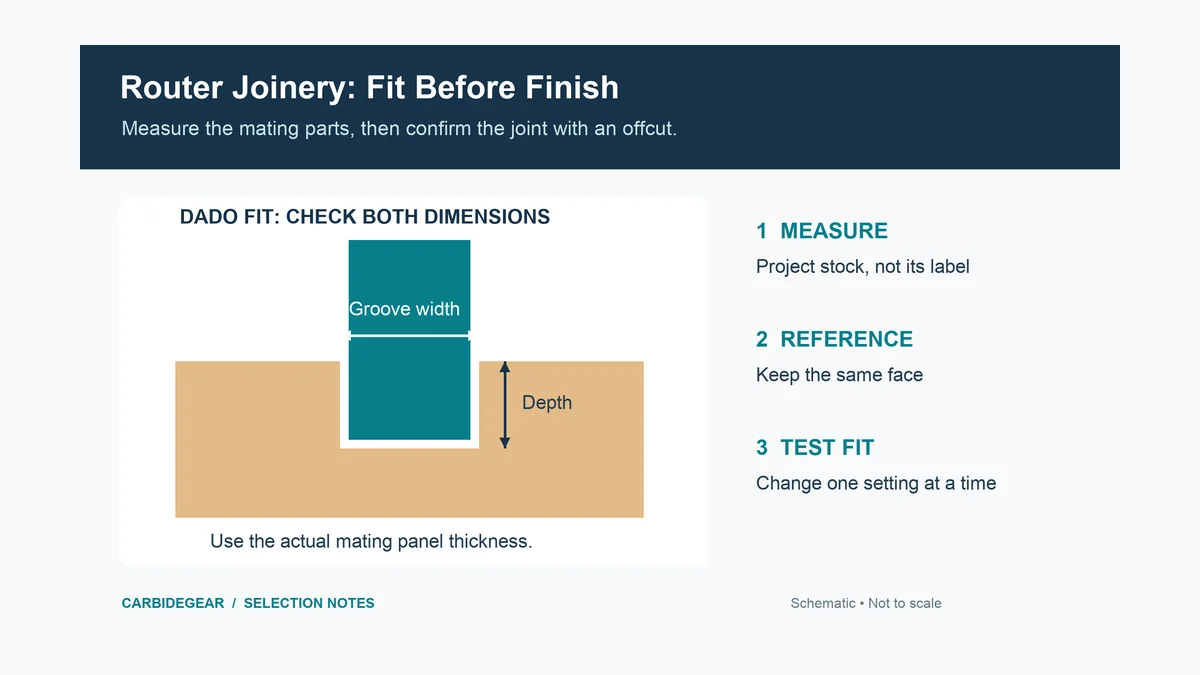 Choosing router bits for woodworking joints: dado width, joint depth, reference faces, and test-fit checks.