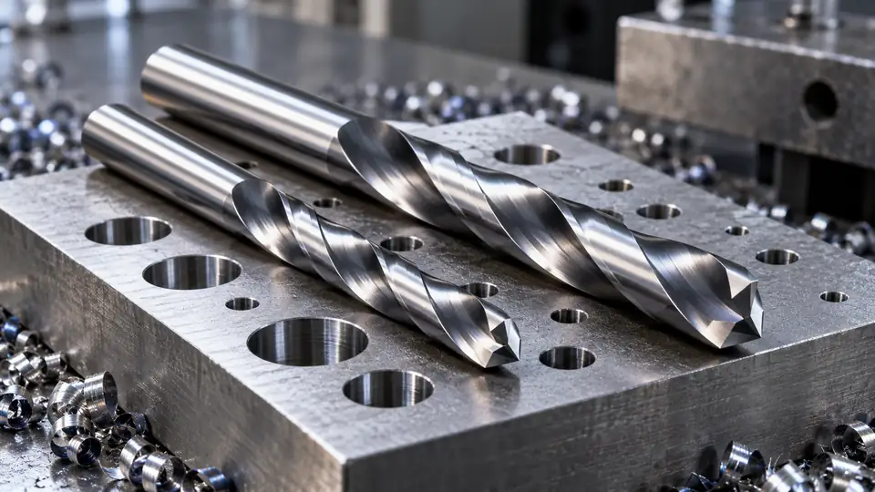 Solid carbide drill bits beside a drilled steel block