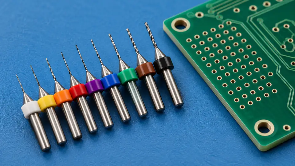 Micro PCB drill bits beside a drilled circuit board