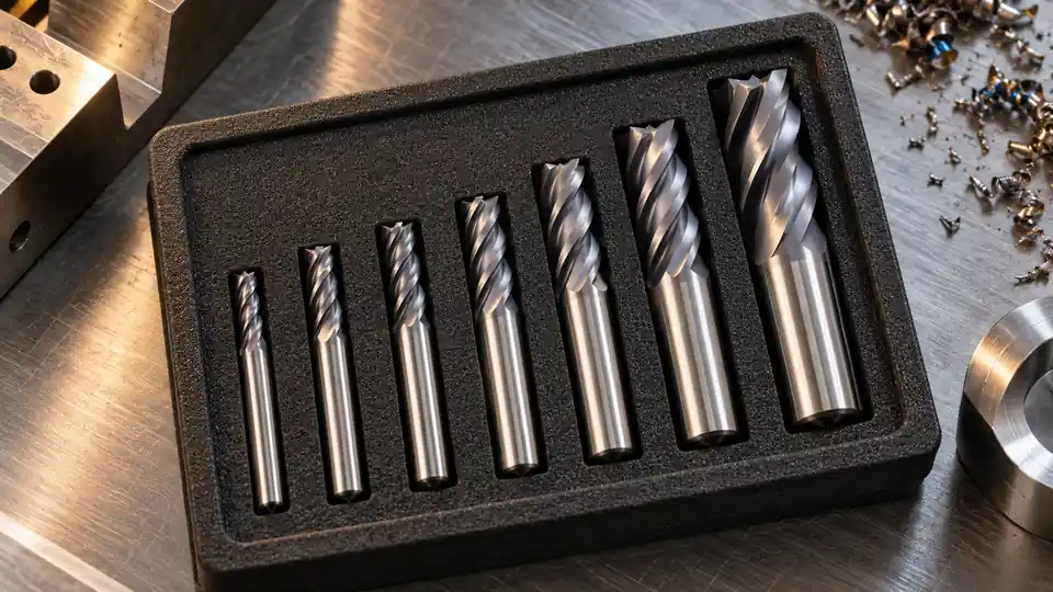Solid carbide end mill set in a fitted tool tray