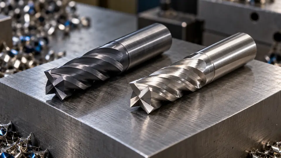 Carbide and HSS end mills shown side by side