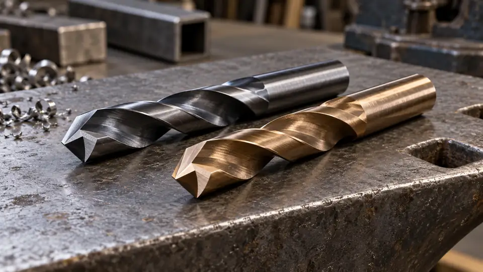 Carbide and cobalt alloy drill bits on a steel surface