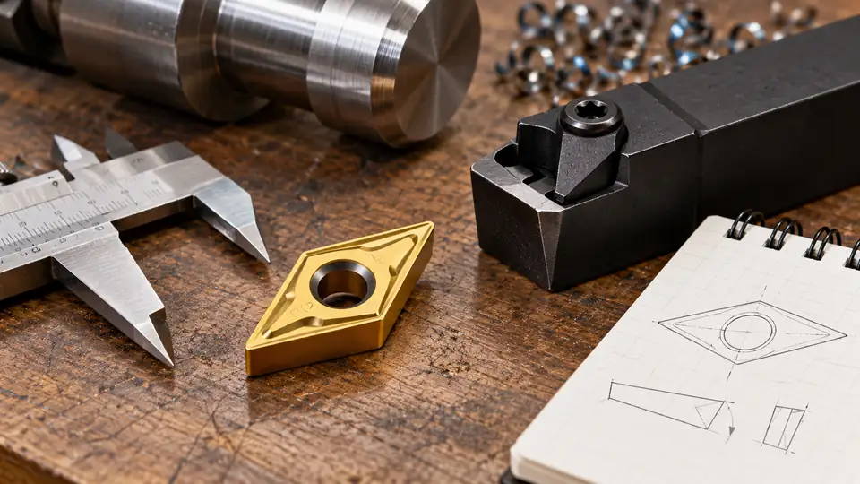 Carbide turning insert geometry beside a caliper