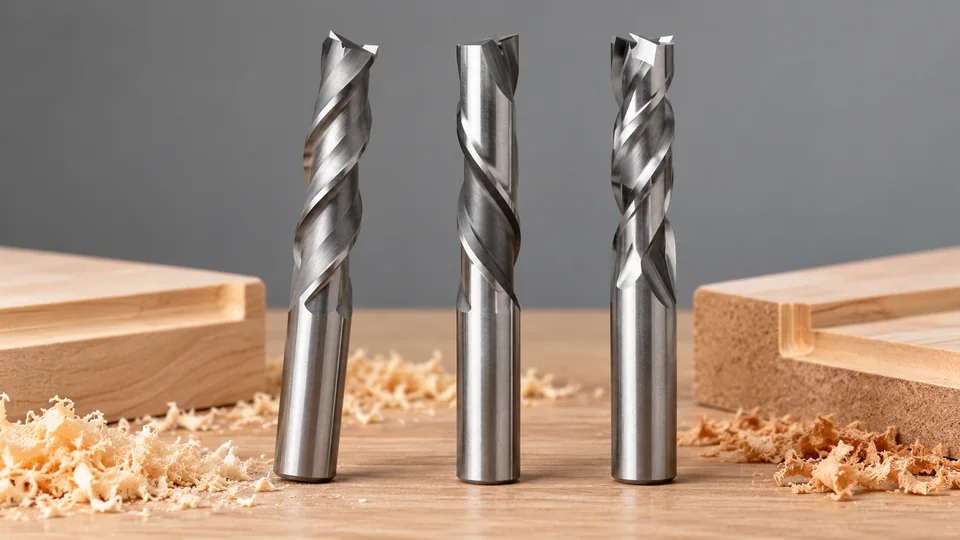 Upcut downcut and compression spiral router bit geometries