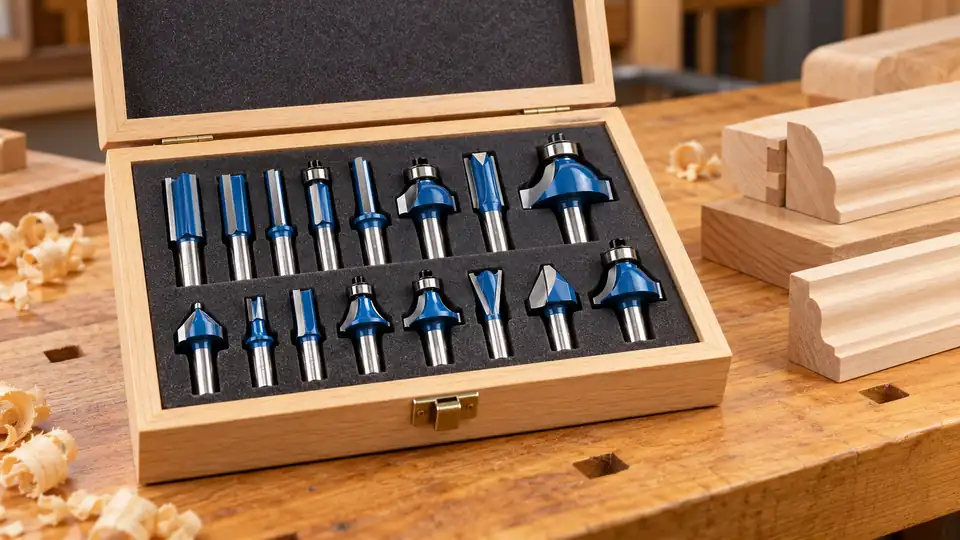 Woodworking carbide router bit set in a wooden case
