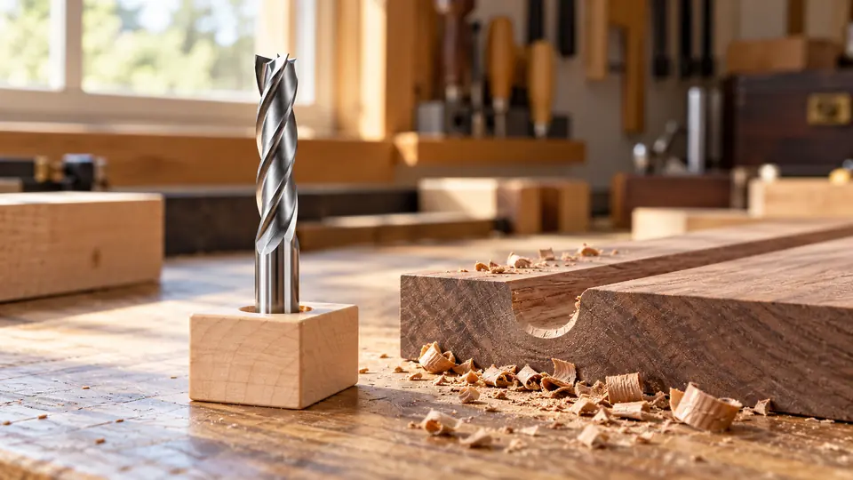 Upcut spiral router bit beside a routed hardwood groove