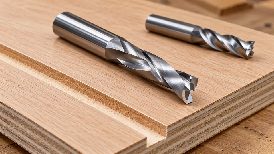 Downcut spiral router bit on veneered plywood