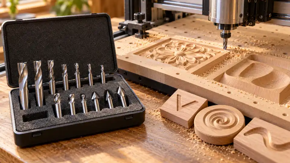 CNC router bit set beside carved wood samples