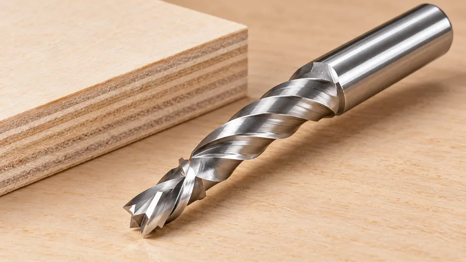Compression router bit beside a clean plywood edge