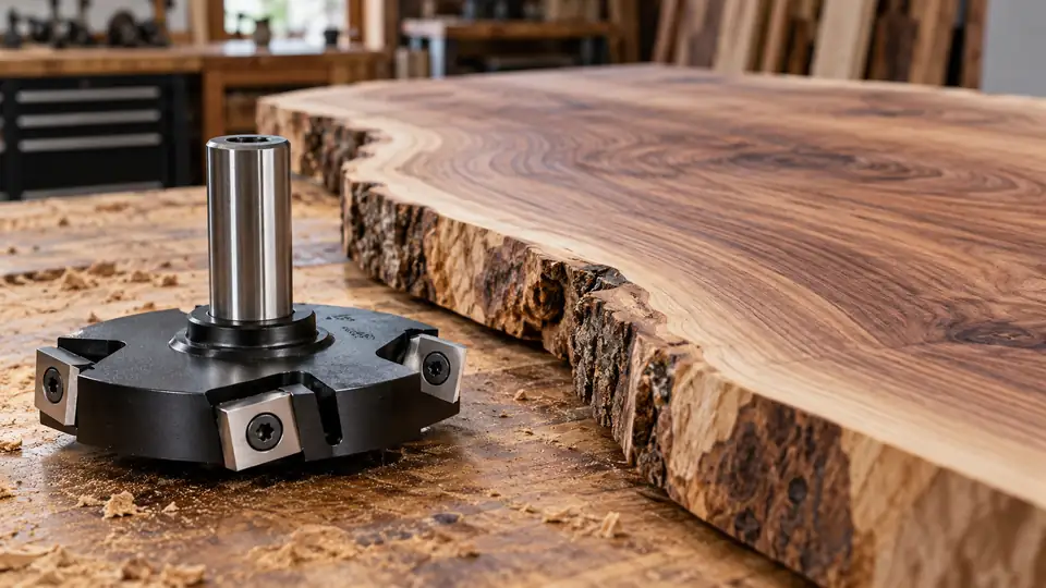 Slab flattening router cutter beside a walnut slab