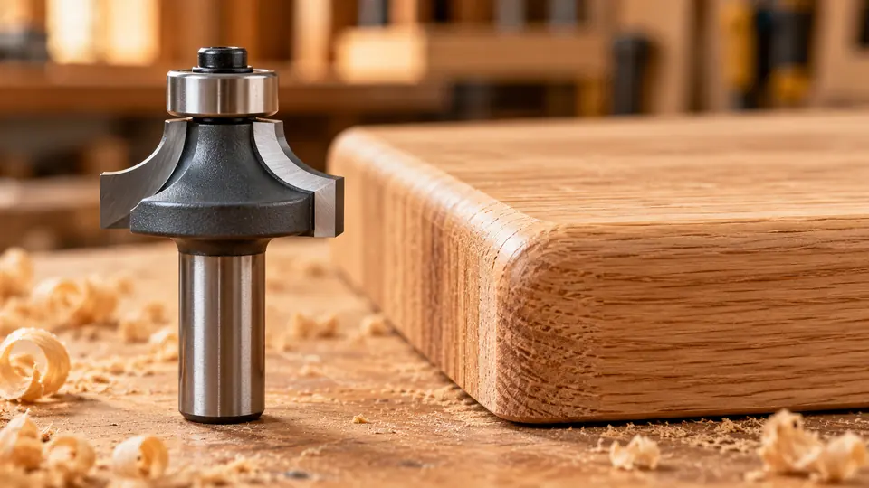 Roundover router bit beside a rounded oak edge