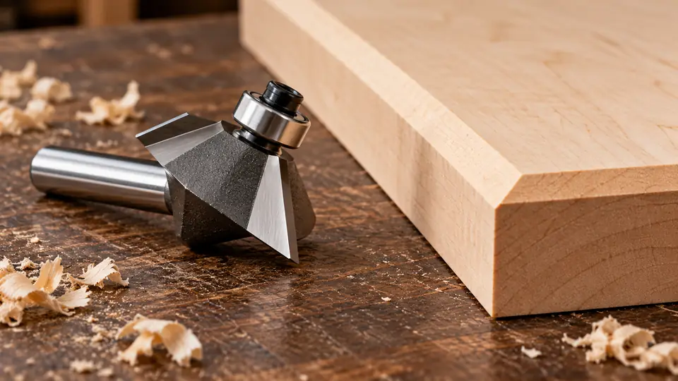 Chamfer router bit beside a beveled maple board
