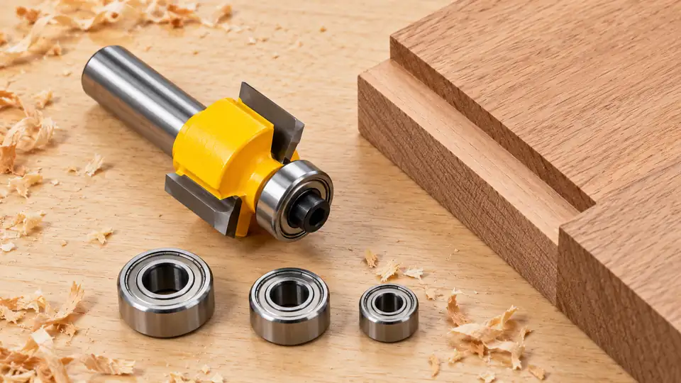 Rabbeting router bit and bearings beside a rabbet joint
