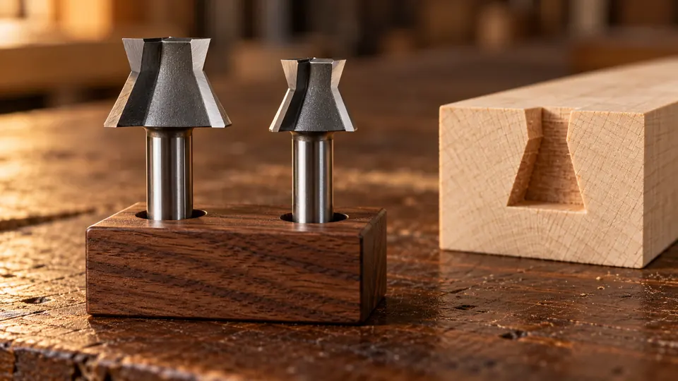 Dovetail router bits beside a dovetail shaped groove