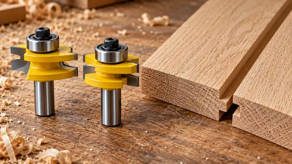 Tongue and groove router bits beside matching oak edges