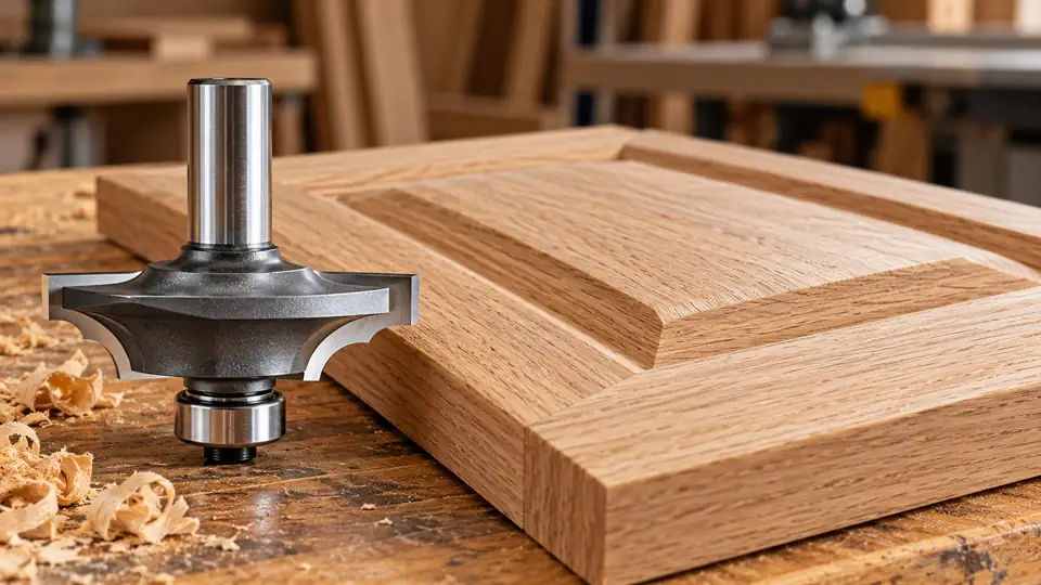 Raised panel router bit beside an oak cabinet door panel