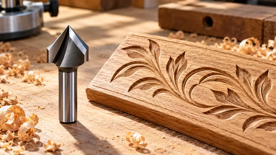 V groove router bit beside an engraved oak pattern