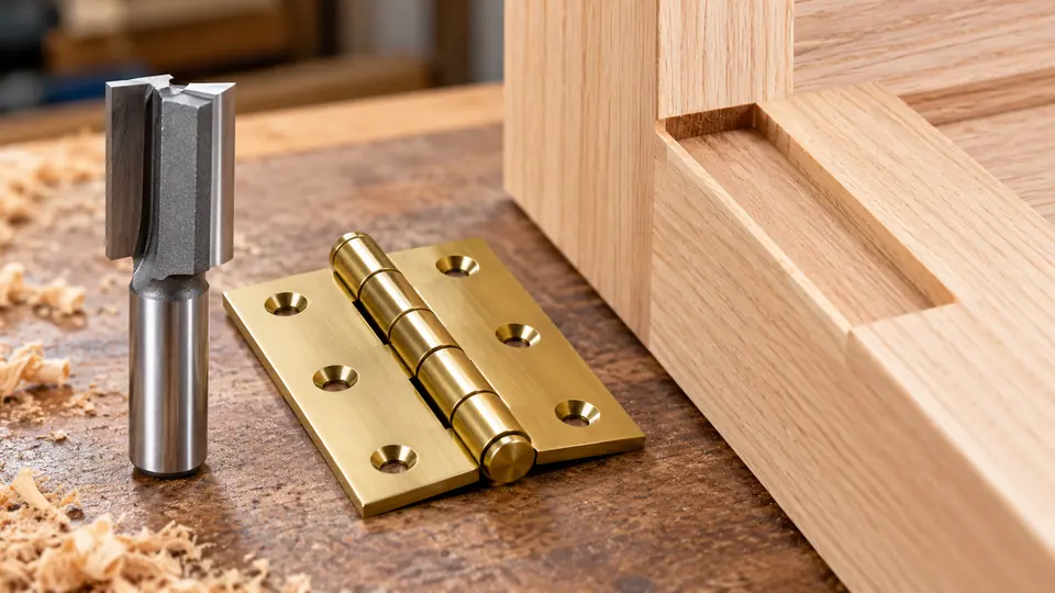 Mortising router bit beside a door hinge recess