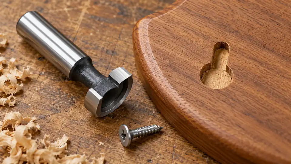 Keyhole router bit beside a routed hanging slot