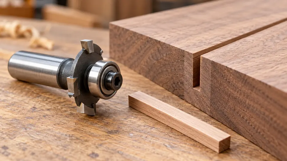 Slot cutting router bit beside a hardwood edge slot