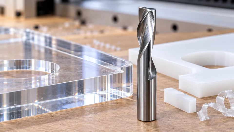 Single O flute CNC router bit beside acrylic and plastic