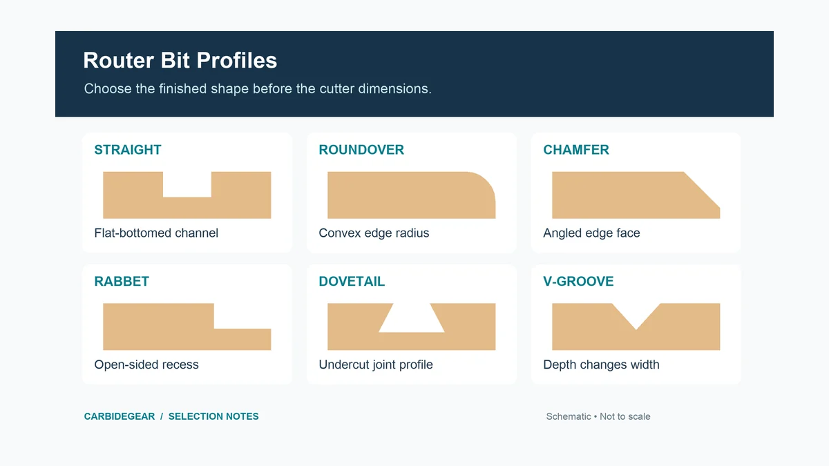 Router bit types illustrated by straight, roundover, chamfer, rabbet, dovetail, and V-groove cut profiles.