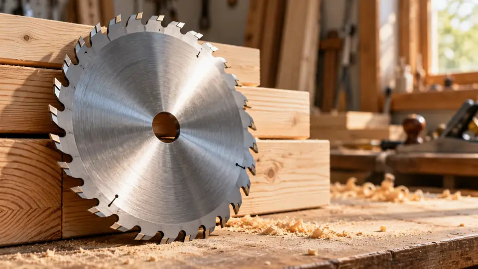 Carbide tipped circular saw blade beside pine lumber