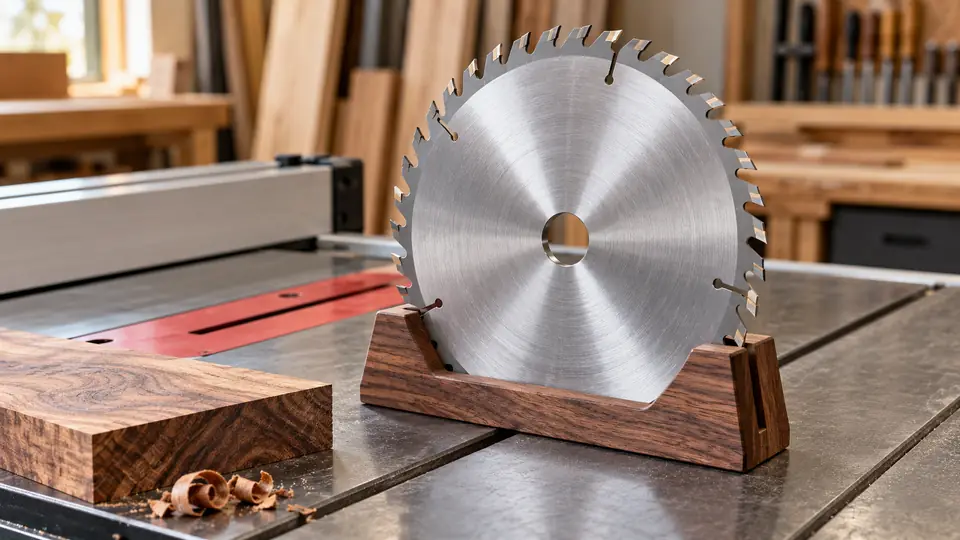 Carbide table saw blade on a cast iron saw table