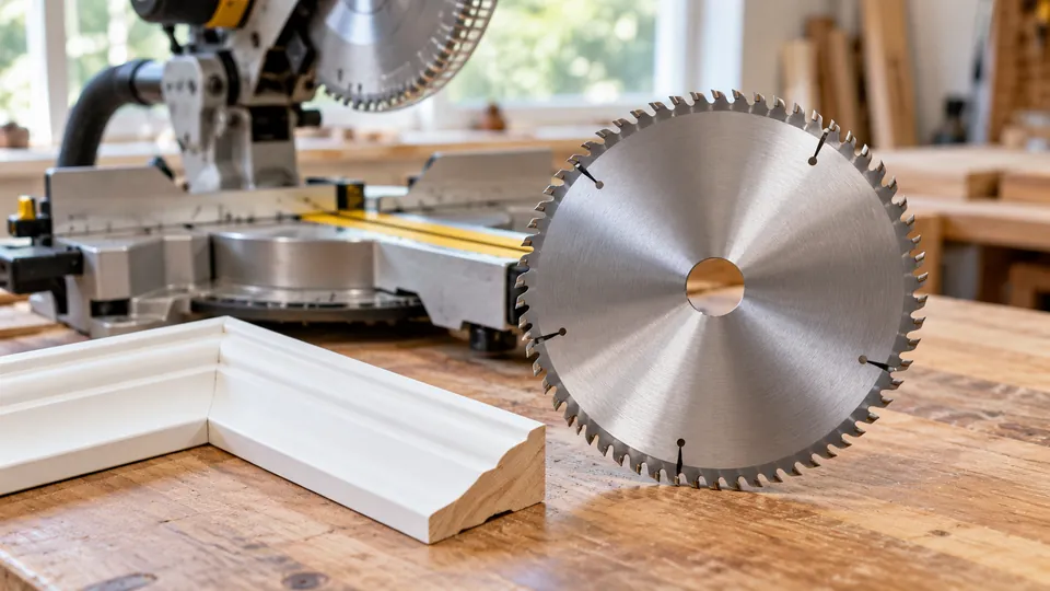 Fine tooth miter saw blade beside mitered trim pieces