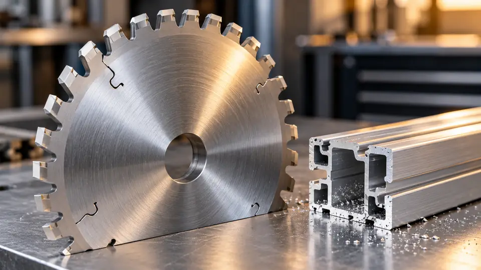 Carbide saw blade beside a cut aluminum extrusion