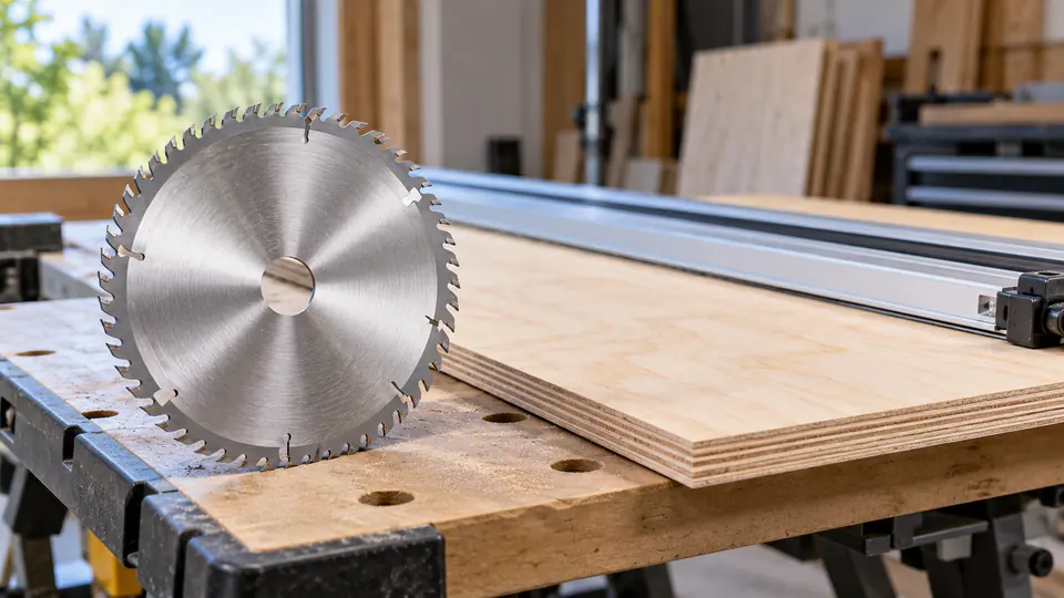 Fine tooth circular saw blade beside plywood and a guide