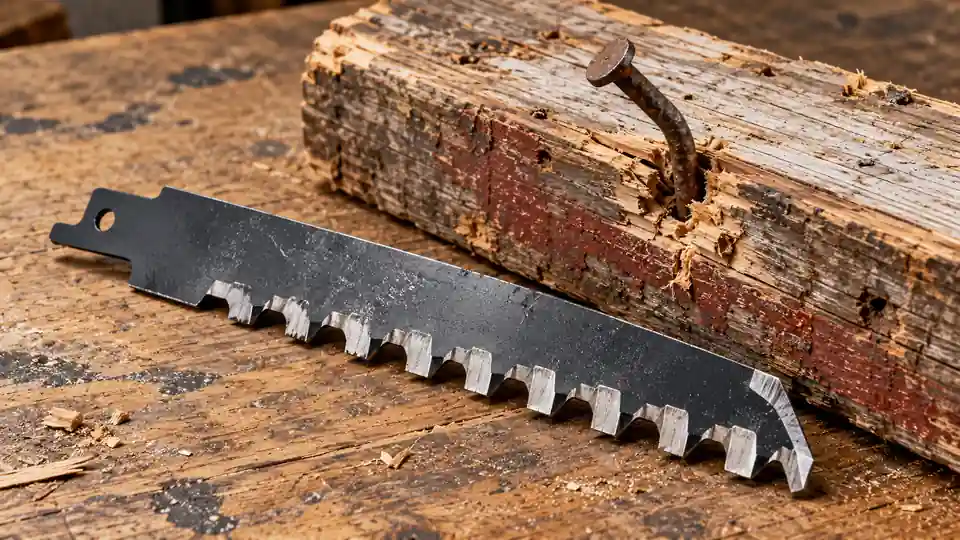 Reciprocating saw blade beside wood with an embedded nail