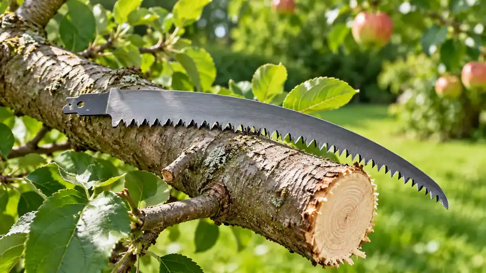 Pruning reciprocating saw blade beside a fresh branch cut