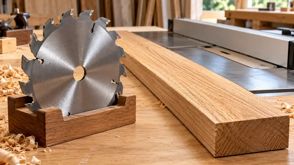 Ripping table saw blade beside a lengthwise oak cut