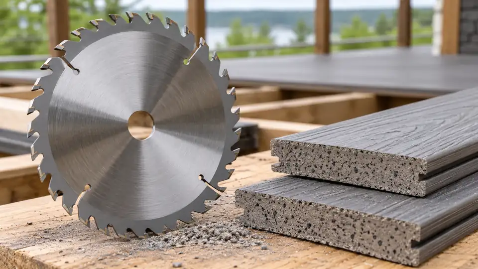 Carbide saw blade beside composite decking boards