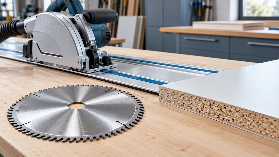 Track saw blade beside a guide rail and laminated panel